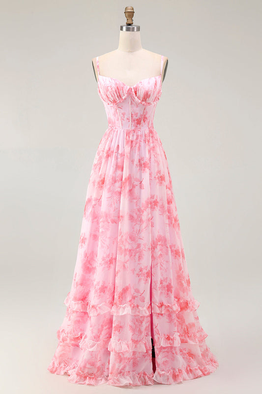 Robe longue à bretelles spaghetti et corset ligne A à fleurs roses avec fente