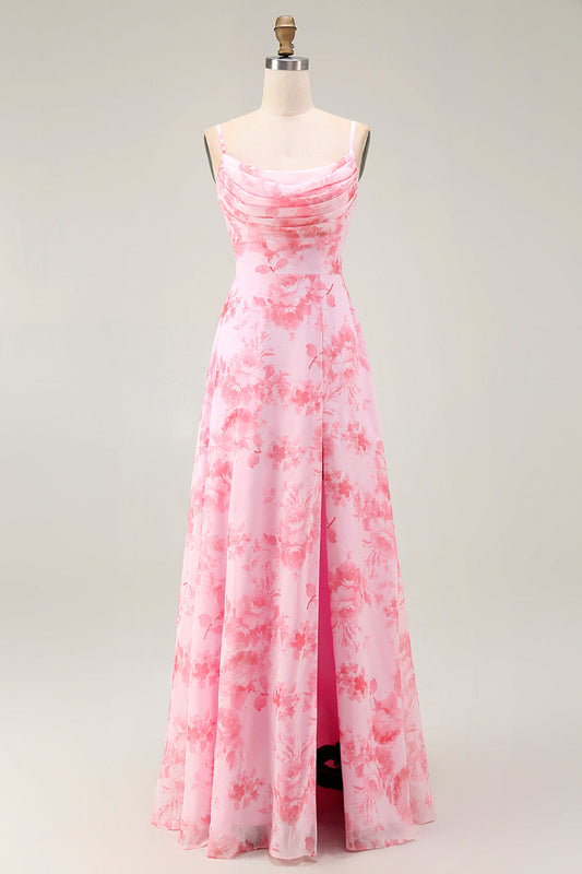 Robe longue évasée rose fleurie à col bénitier avec fente