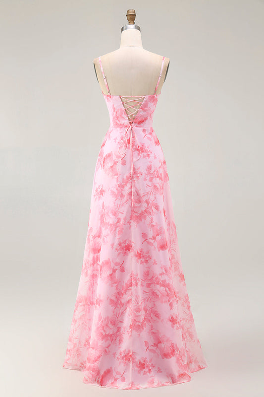 Robe longue évasée rose fleurie à col bénitier avec fente