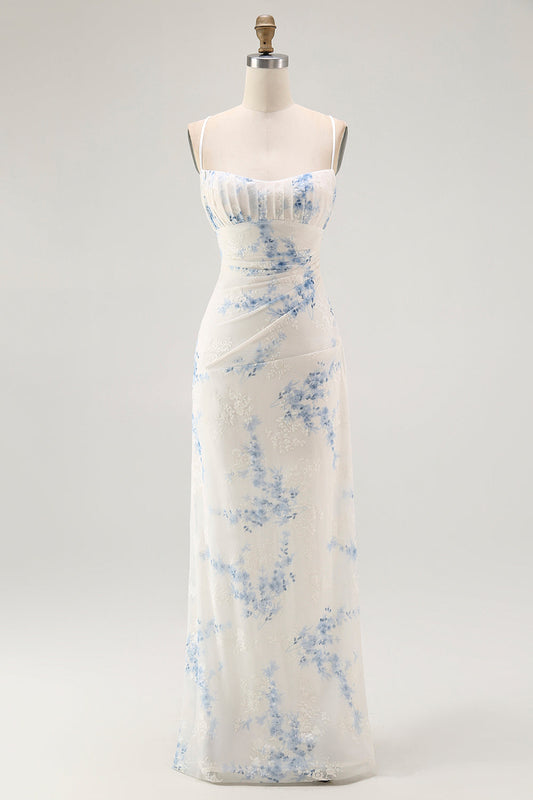 Robe Corset Fleur Bleue et Blanche en Velours Brûlé, Coupe Droite, pour Invitée de Mariage