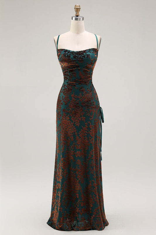 Robe longue de bal fourreau en velours brûlé vert foncé