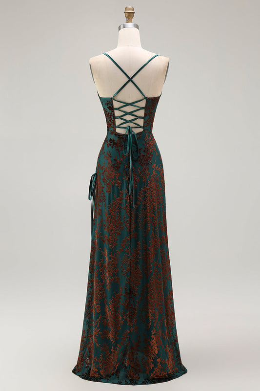 Robe longue de bal fourreau en velours brûlé vert foncé