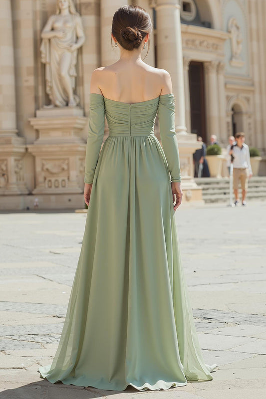 Robe de Demoiselle d'Honneur Vert Sauge en Mousseline de Soie, Coupe Trapèze, Épaules Dénudées, Manches Longues