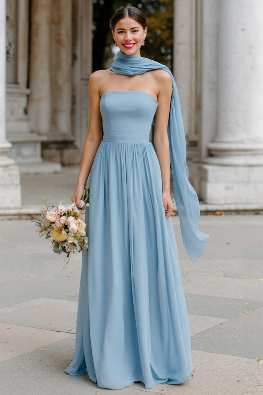 Dusty Blue Chiffon Neck Scarf A-Line Strapless Long Bridesmaid Dress