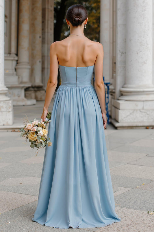 Dusty Blue Chiffon Neck Scarf A-Line Strapless Long Bridesmaid Dress