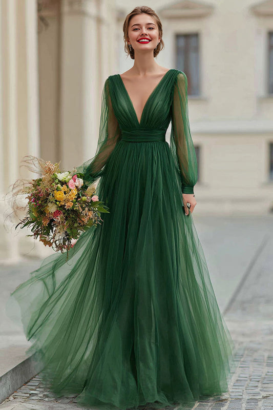 Robe de Demoiselle d'Honneur Longue Vert Foncé en Tulle Plissé Trapèze Manches Longues