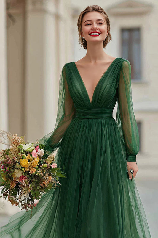 Robe de Demoiselle d'Honneur Longue Vert Foncé en Tulle Plissé Trapèze Manches Longues