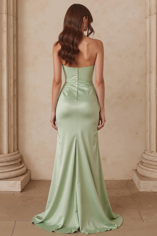 Robe longue de demoiselle d'honneur Dusty Sage en satin avec fente et décolleté cœur