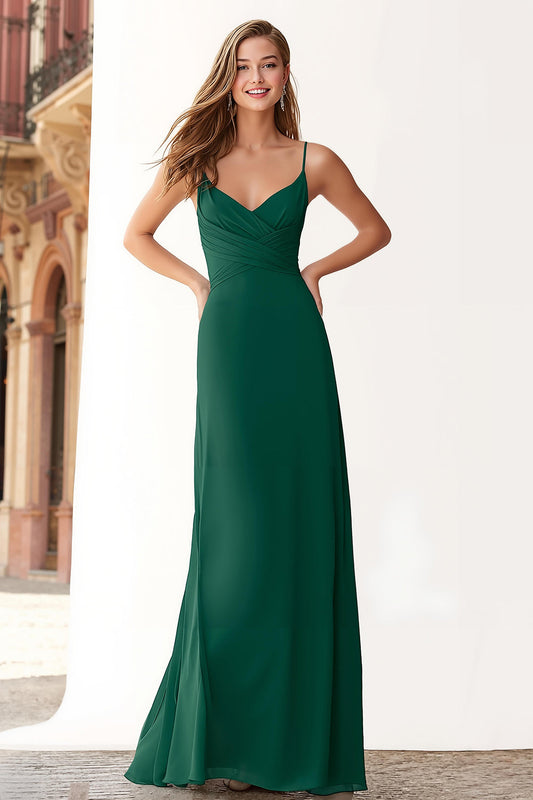 Robe longue de demoiselle d'honneur vert foncé en mousseline fourreau à bretelles spaghetti