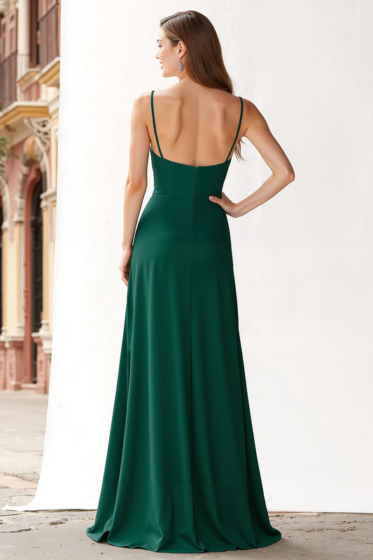 Robe longue de demoiselle d'honneur vert foncé en mousseline fourreau à bretelles spaghetti