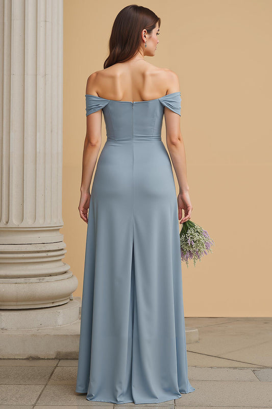 Robe longue de demoiselle d'honneur trapèze bleu poudré épaules dénudées avec fente
