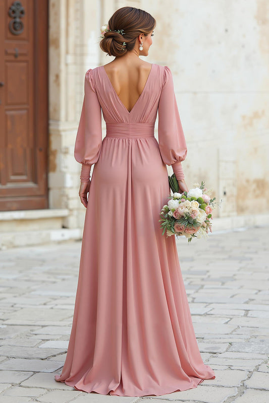 Robe de demoiselle d'honneur longue évasée rose poudré à col V et manches