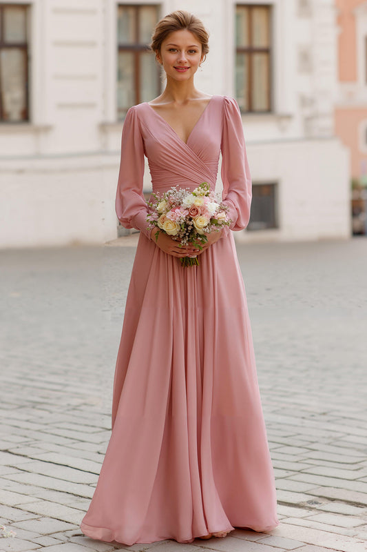 Robe demoiselle d'honneur longue évasée rose poudré avec manches et décolleté en V
