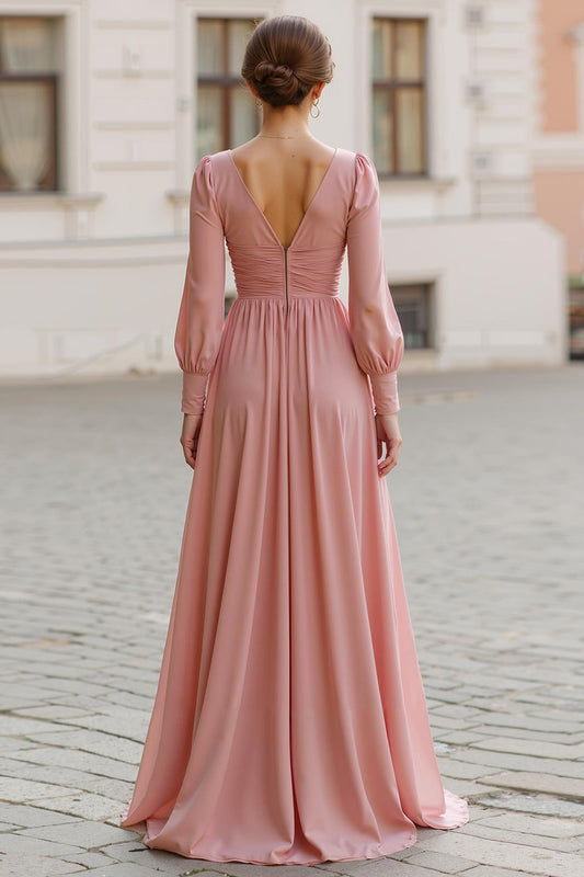 Robe demoiselle d'honneur longue évasée rose poudré avec manches et décolleté en V