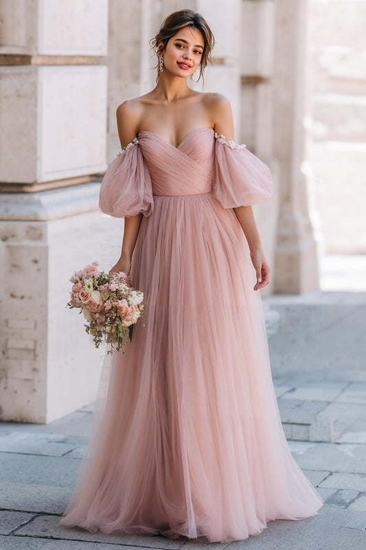 Robe de Demoiselle d'Honneur Longue Dusty Rose Coupe A-line Épaules Dénudées avec Manches