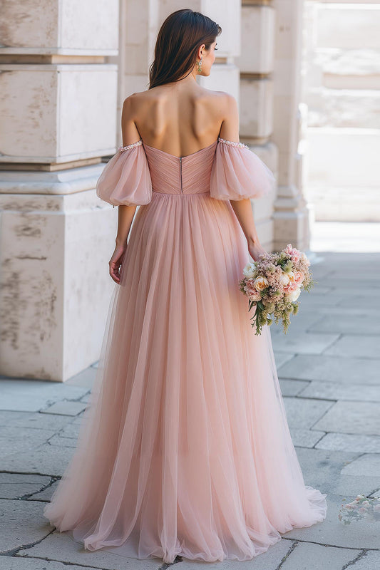 Robe de Demoiselle d'Honneur Longue Dusty Rose Coupe A-line Épaules Dénudées avec Manches