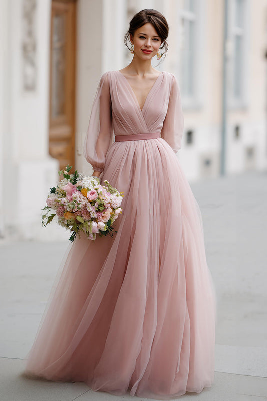 Robe de demoiselle d'honneur longue ligne A col en V manches Rose poudré