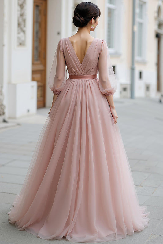 Robe de demoiselle d'honneur longue ligne A col en V manches Rose poudré