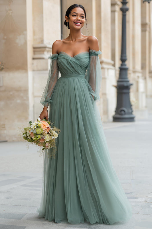 Robe de demoiselle d'honneur longue ligne A Eucalyptus avec épaules dénudées et manches