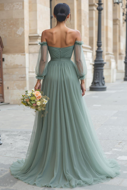 Robe de demoiselle d'honneur longue ligne A Eucalyptus avec épaules dénudées et manches