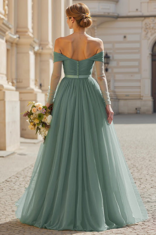Robe de demoiselle d'honneur longue ligne A avec manches et épaules dénudées Eucalyptus