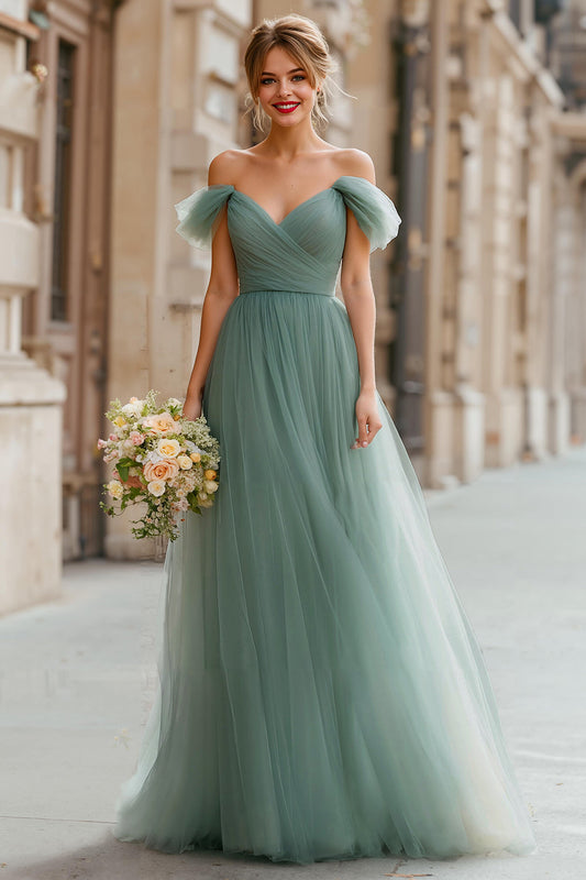 Robe de demoiselle d'honneur trapèze maxi épaules dénudées Eucalyptus