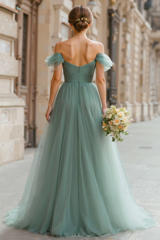Robe de demoiselle d'honneur trapèze maxi épaules dénudées Eucalyptus