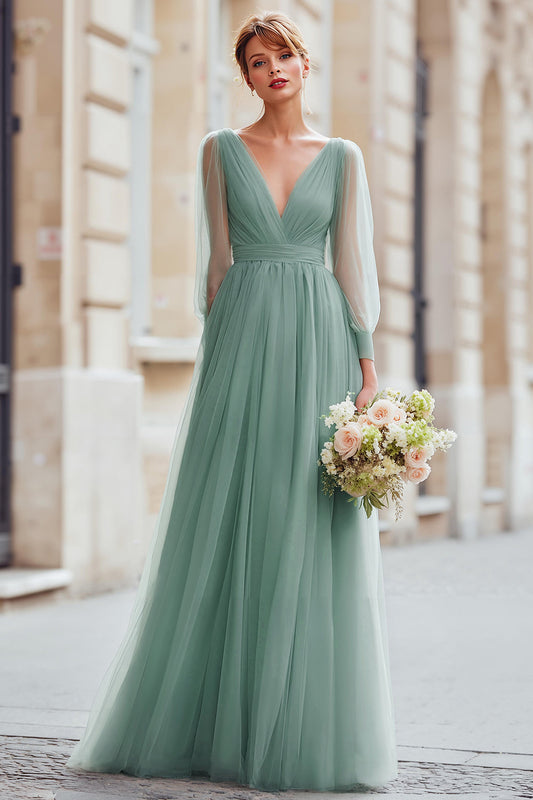 Eucalyptus A Line Long Sleeves V-Neck Choir Dress