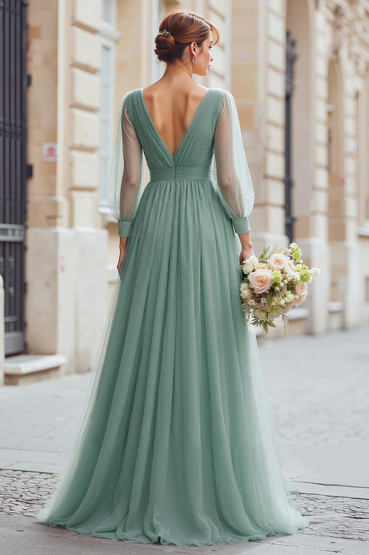 Robe longue de demoiselle d'honneur en eucalyptus coupe droite col en V manches longues