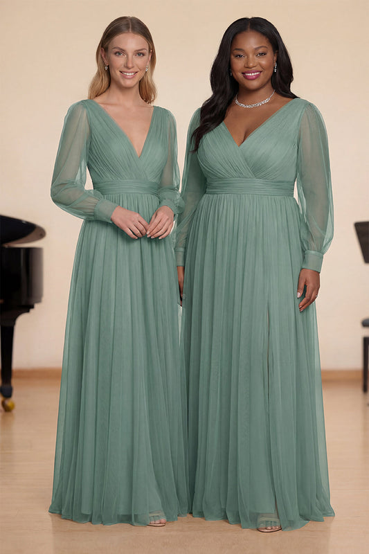 Eucalyptus A Line Long Sleeves V-Neck Choir Dress
