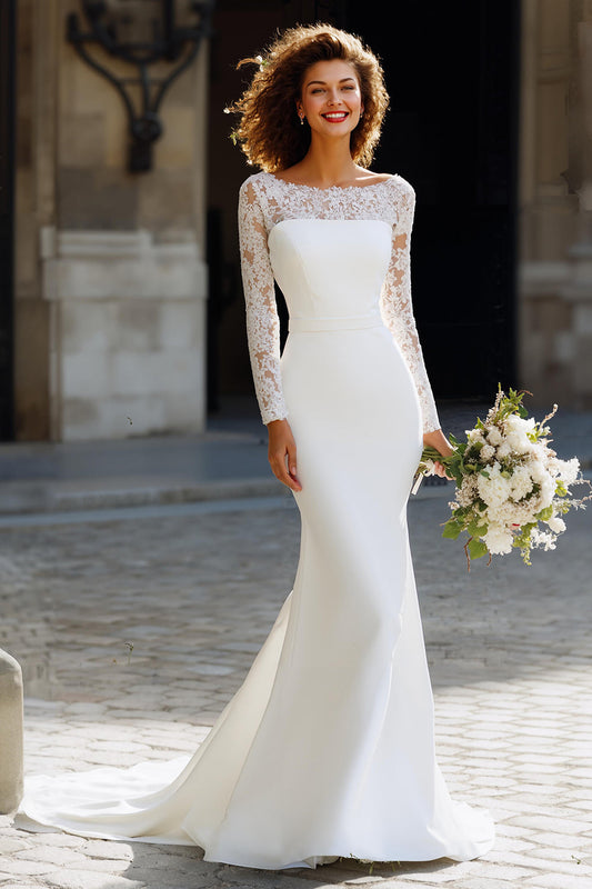 Robe de mariée sirène en mousseline blanche, manches longues, traîne balayante avec dentelle