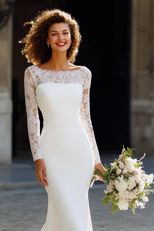 Robe de mariée sirène en mousseline blanche, manches longues, traîne balayante avec dentelle