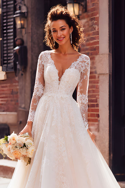 Ivory V-Neck Tulle Princess Long Sleeves Floor Length Wedding Dress with Lace