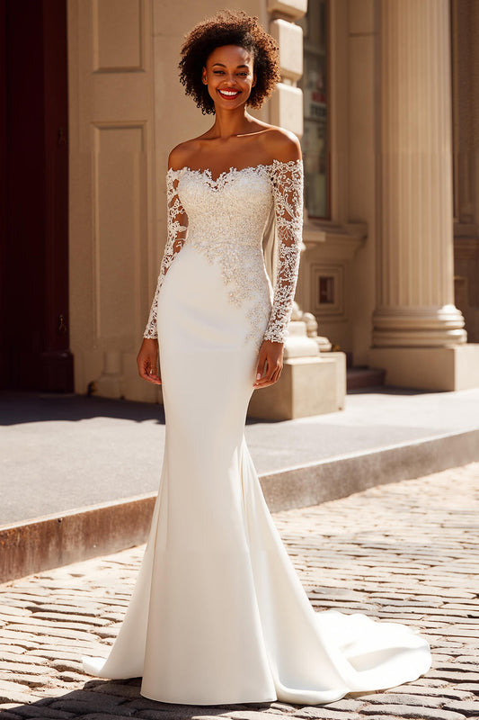 Ivory Mermaid Sweep Train Off-the-Shoulder Lace Wedding Dress