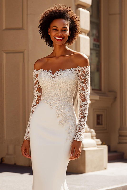Ivory Mermaid Sweep Train Off-the-Shoulder Lace Wedding Dress