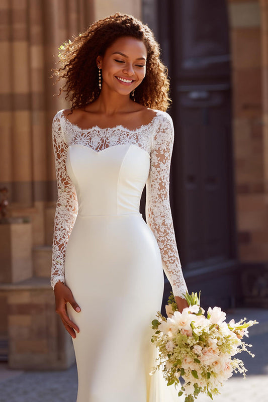 Vestido de novia de sirena blanca con cola larga y mangas largas de encaje
