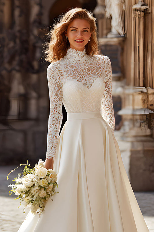 Ivory Vintage A Line Sweep Train High Neck Wedding Dress with Sleeves