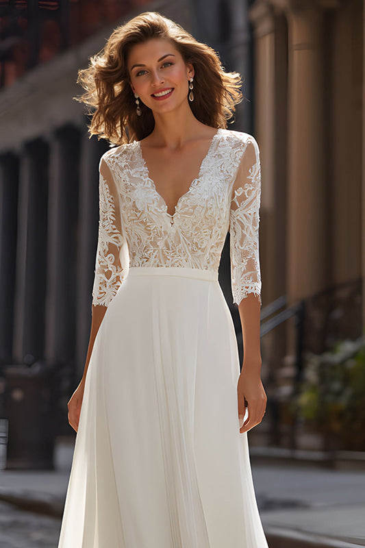 Ivory A-Line V-Neck Sweep Train Wedding Dress with Lace