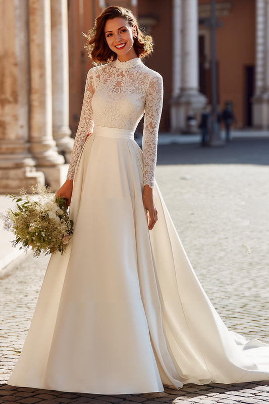 Ivory A-Line Long-Sleeve High-Neck Sweep Train Wedding Dress with Lace
