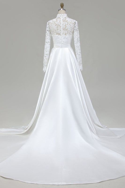 Ivory A-Line High Neck Satin Wedding Dress with Lace