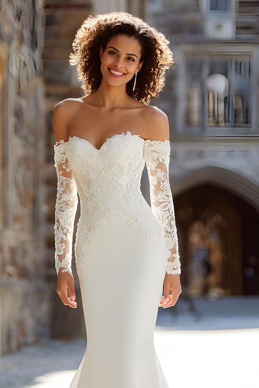 White Mermaid Off-the-Shoulder Lace Appliquéd Sweep Train Wedding Dress