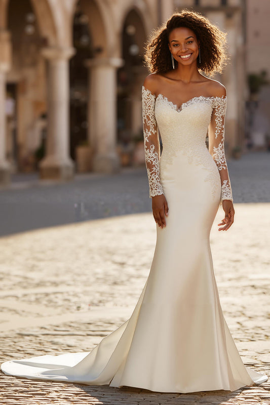 Off-the-Shoulder Ivory Mermaid Lace Appliqued Court Train Wedding Dress