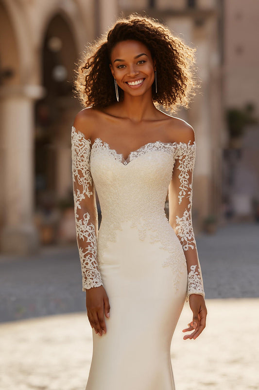 Off-the-Shoulder Ivory Mermaid Lace Appliqued Court Train Wedding Dress