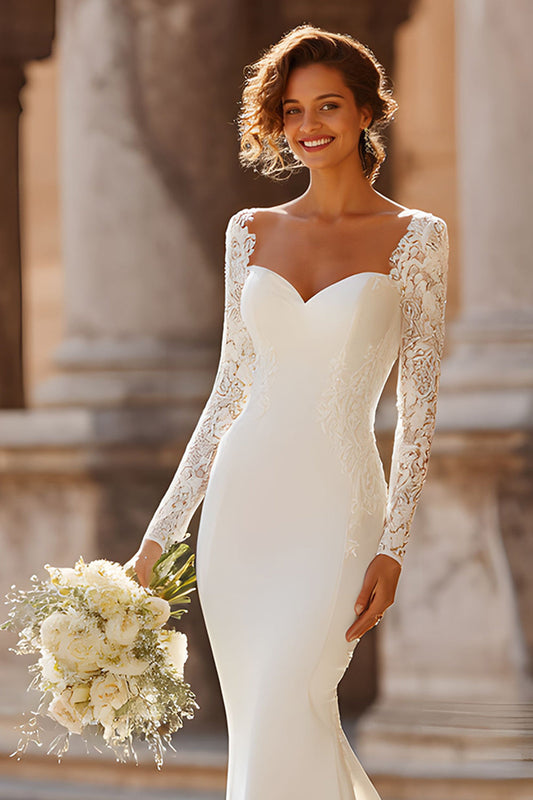 Vestido de novia cola capilla sirena de encaje blanco con apliques