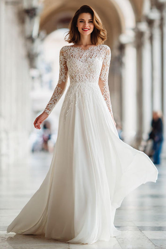 Ivory Lace A Line Long Sleeve Wedding Dress