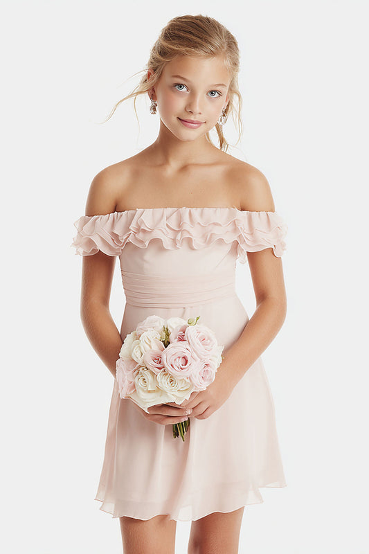 Robe de demoiselle d'honneur courte rose pâle en mousseline de soie coupe trapèze à volants avec épaules dénudées junior