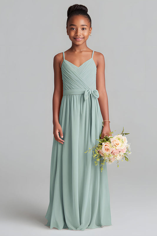 Robe longue de demoiselle d'honneur junior évasée en mousseline de soie vert matcha à fines bretelles
