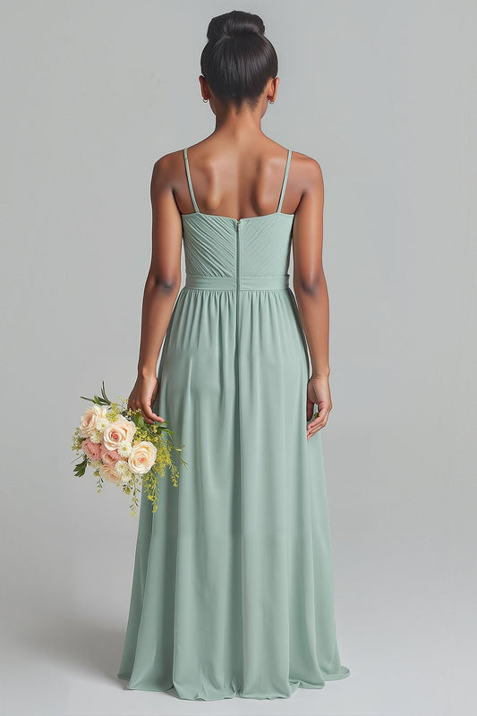 Robe longue de demoiselle d'honneur junior évasée en mousseline de soie vert matcha à fines bretelles