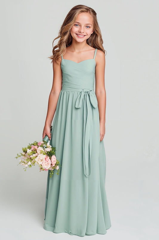 Robe longue de demoiselle d'honneur junior évasée en mousseline plissée, bretelles spaghetti, vert matcha