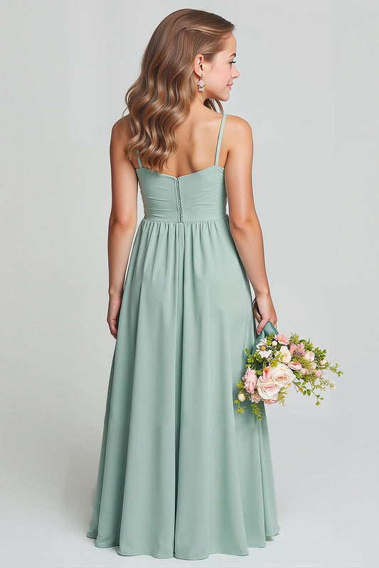 Robe longue de demoiselle d'honneur junior évasée en mousseline plissée, bretelles spaghetti, vert matcha